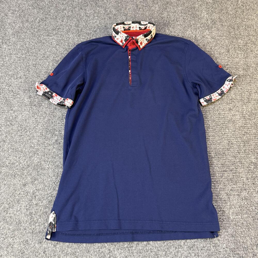 Maceoo Polo Shirt Mens Small Navy French Bulldog Trim Contrast Collar Red 2
